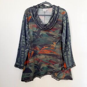 Parsley & Sage Cowl Neck Tunic Top 1X Asymmetric Lagenlook Abstract Multi Green